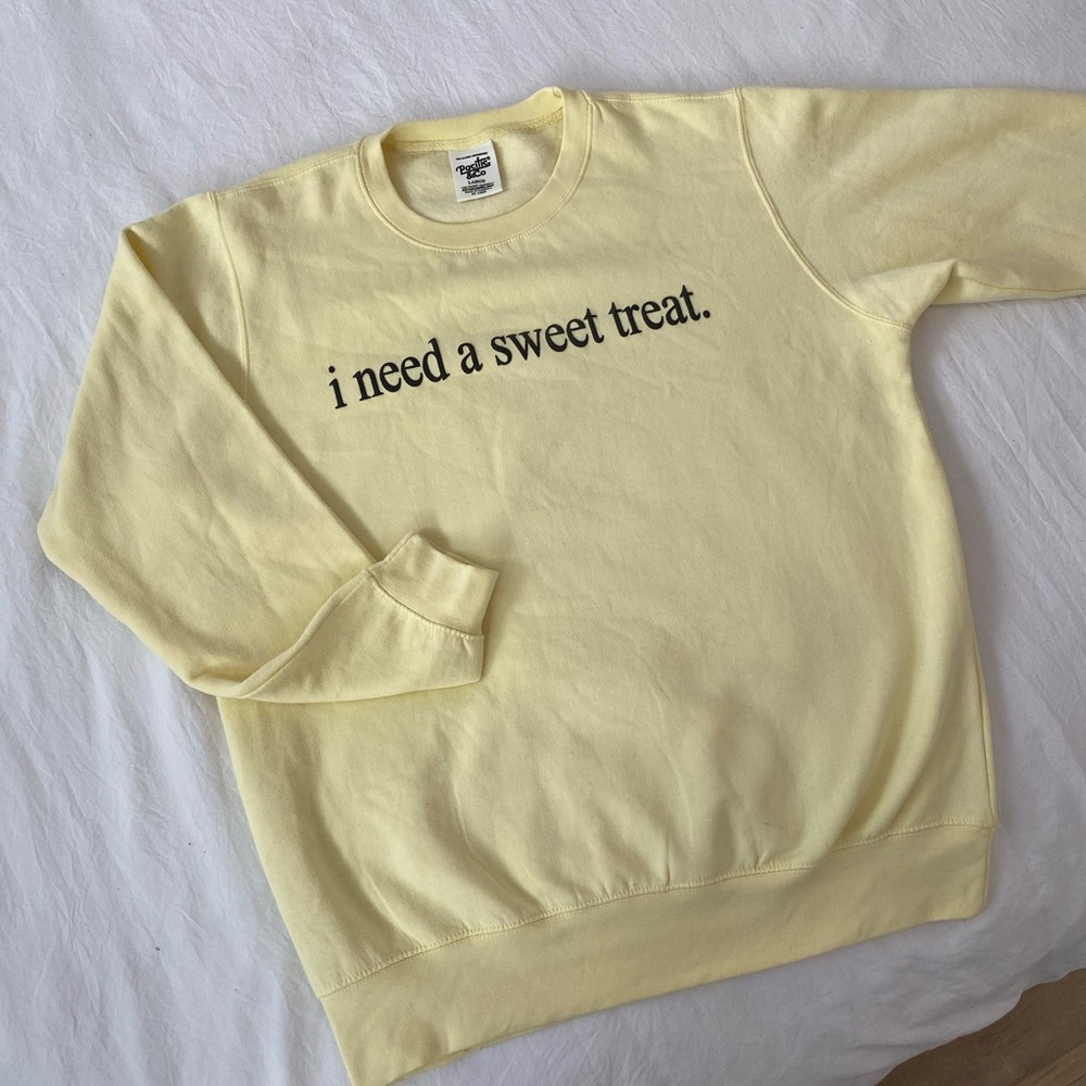 Butter Yellow Graphic Crewneck “I Need a Sweet Treat” Pacific & Co